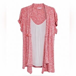 Pink Open-Front Cardigan with White Attached Tank